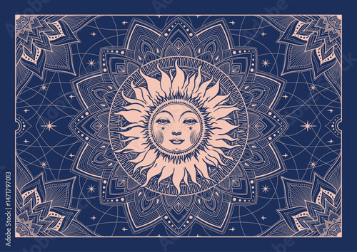 Celestial astrological mandala with sun, magic tarot card, vector celestial poster for print, card, packaging. Modern hand drawn illustration.