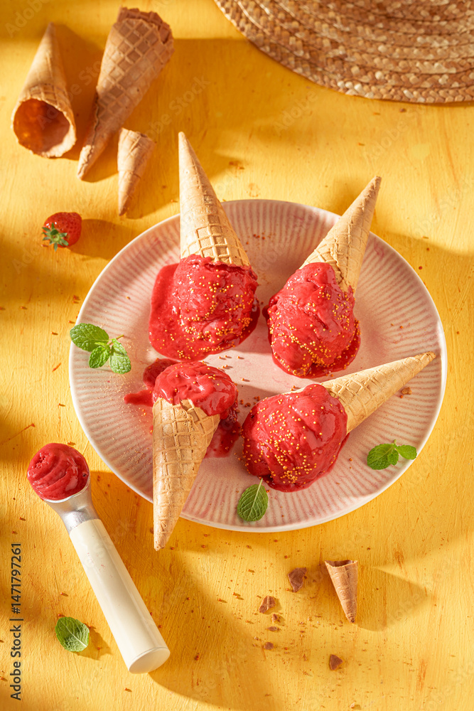 Sweet and cold strawberry ice cream made of red berries.