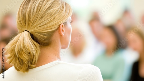 Blonde woman giving a business presentation to a group of people at a meeting in a bright classroom
