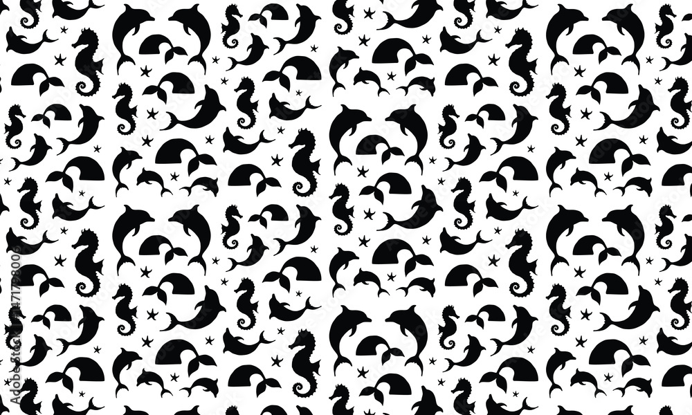 Fototapeta premium Sea Abstract Underwater Plants Shapes Silhouette Pattern, Coral Reef Plants, Different Types Of Marine Flora Decorative Elements, Abstract Sea Shells, Starfish.