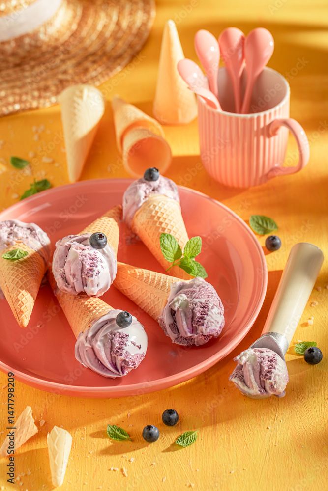Cold and sweet blueberry ice cream made of blue berries.