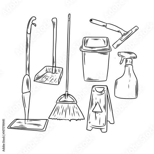 illustration image collection set line art cleaning tools 