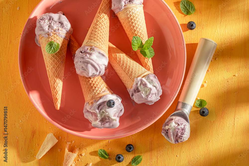 Delicious and homemade blueberry ice cream made of blue berries.