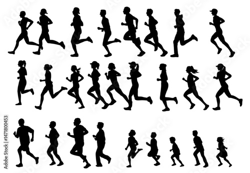Running people silhouette, people of all ages are jogging, Run, Senior, kids running