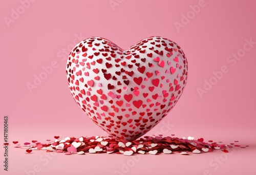 There is a heart-shaped balloon with many hearts scattered around it