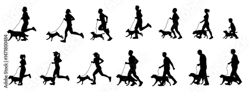 Jogging with dogs, man and women of different ages runs together with their dog, walk with pet