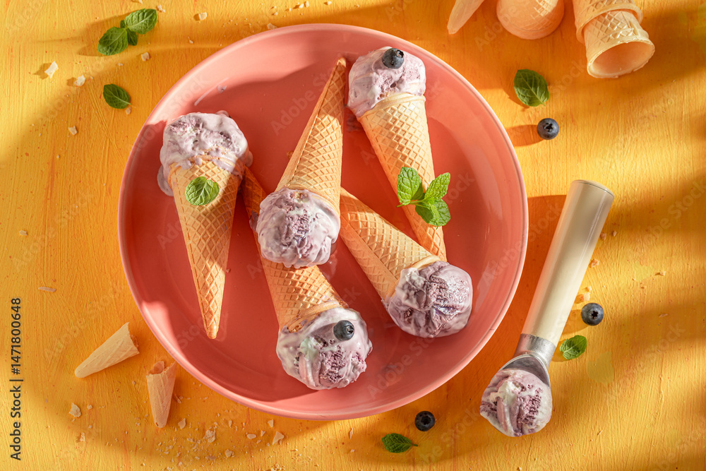 Cold and sweet blueberry ice cream in a waffle cone.
