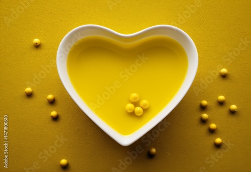 There is a heart-shaped bowl filled with yellow balls