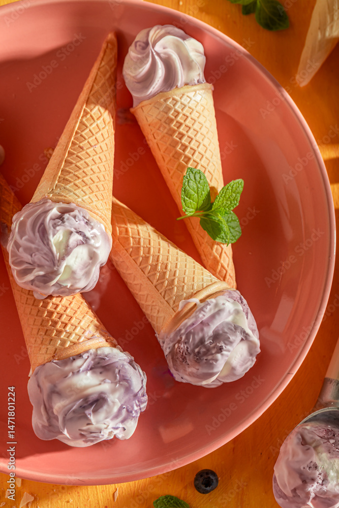 Delicious and homemade blueberry ice cream as a creamy dessert.