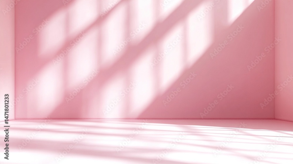 Obraz premium Dreamy pink minimal studio setup Soft sunlight shadows for aesthetic beauty & fashion flat lays. Perfect summer-themed content backdrop.