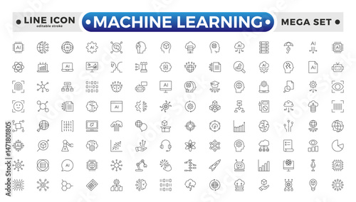 Machine Learning outline icon. AI technology icons for web and mobile app. Machine learning, digital AI technology, algorithm, smart robotic, cloud computing network. Editable stroke outline icon.
