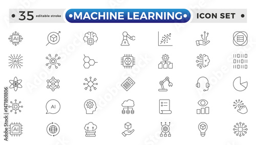 Machine Learning outline icon. AI technology icons for web and mobile app. Machine learning, digital AI technology, algorithm, smart robotic, cloud computing network. Editable stroke outline icon.
