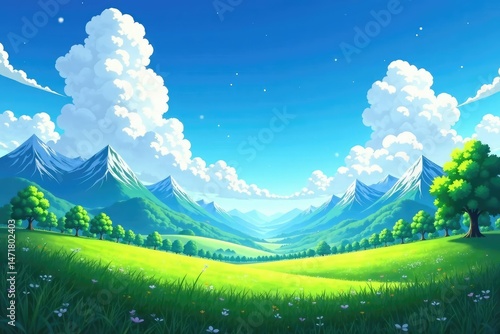 Vibrant fantasy anime background, perfect for animation or digital art Sky, clouds, mountains, trees, fields , pink, scene