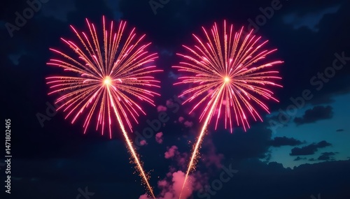Vibrant firework bursts against a night sky, creating a dazzling display , explosion, light