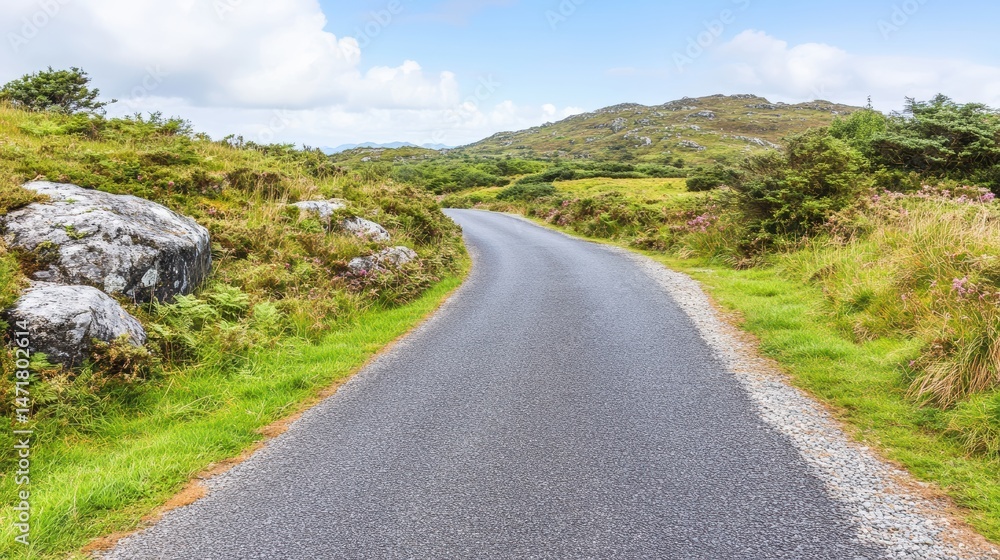 Scenic Rural Road through Lush Green Irish Landscape with Hillsides and Clouds in Ring of Kerry Scenic Rural Road through Lush Green Irish Landscape with Hillsides and Clouds in Ring of Kerry