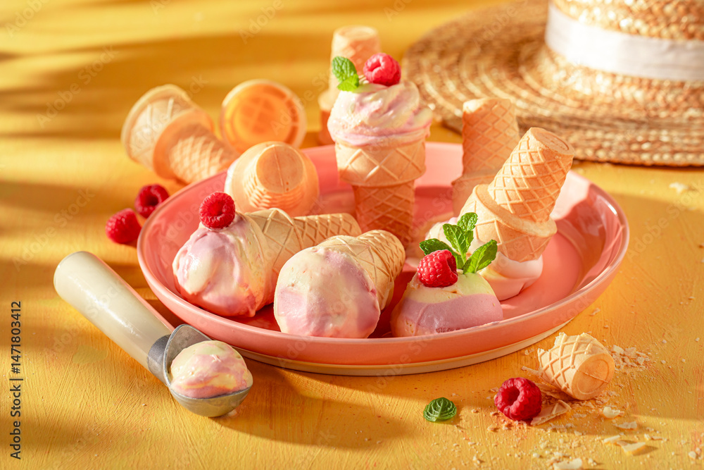 Homemade and cold raspberry ice cream made of red berries.