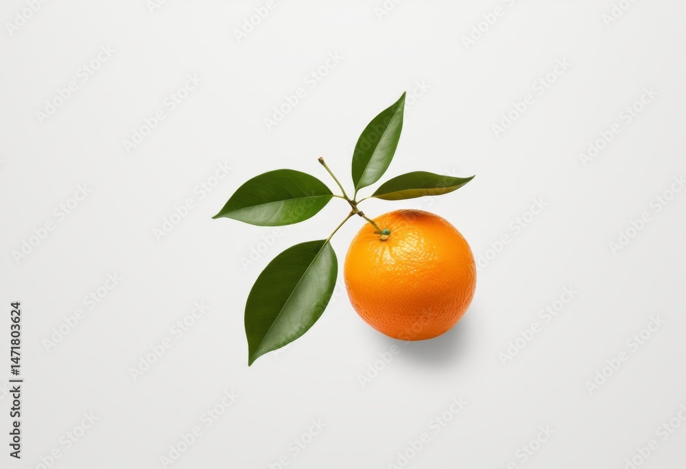 There is an orange with a leaf on it that is white on the surface There is an orange with a leaf on it that is white on the surface
