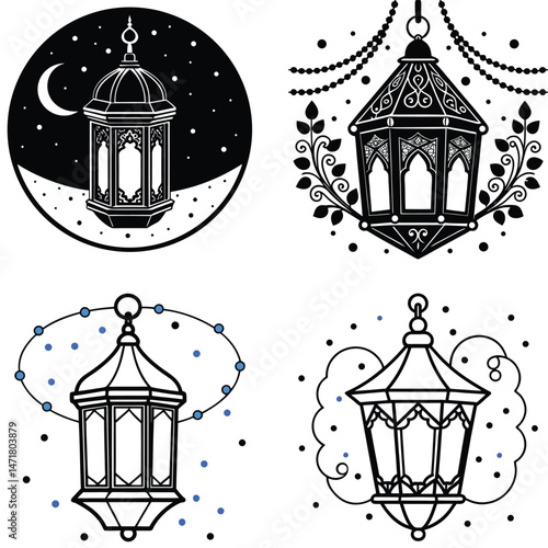 Ramadan Kareem Night Scene with Crescent Moon Stars Lantern and Sweets