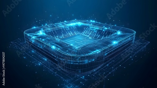 Futuristic wireframe stadium design, showcasing advanced technology and connectivity. The blue color palette evokes innovation, ideal for sports or tech concepts. Abstract dark blue wireframe.