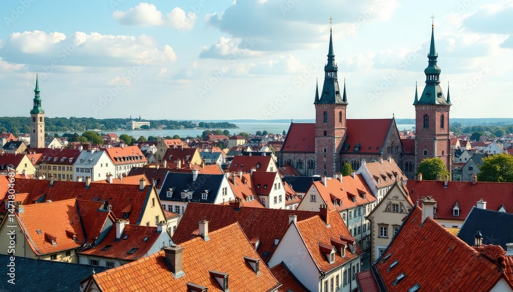 Obraz premium Panoramic view of Tallinn's Old Town skyline, Estonia Historic architecture, colorful buildings, medieval city , port, city