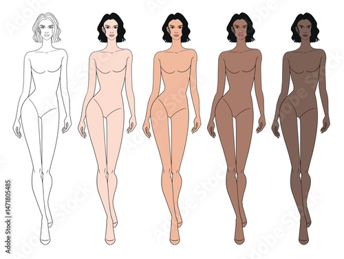 Colored skin tones fashion croquis figurines walking with curly short hair woman in vector.
