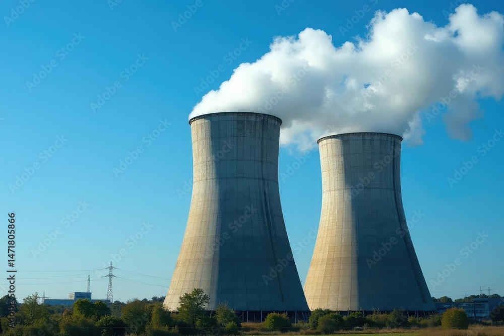 Large industrial cooling tower emitting steam against a blue sky , technology, architecture Large industrial cooling tower emitting steam against a blue sky , technology, architecture