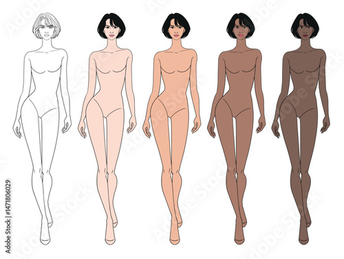 Colored skin tones fashion croquis figurines walking with short bob hair woman in vector.