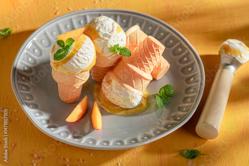 Tasty and cold peach ice cream in a waffle cone.