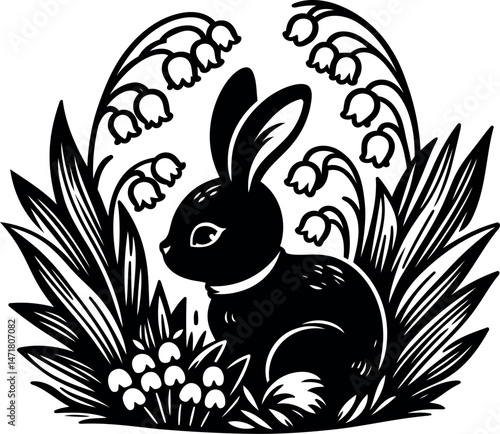 Sweet rabbit hiding beneath fragrant Lily of the Valley bushes surrounded by soft morning light