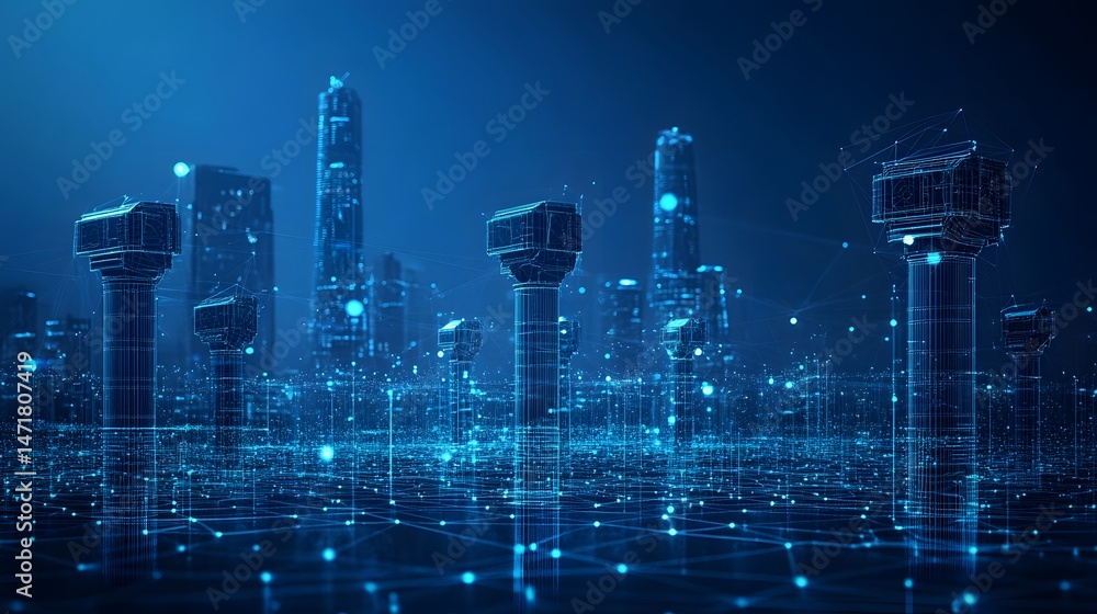 Obraz premium Futuristic blue cityscape glows with digital interconnectedness. Pillars morph into tech, mirroring a smart city's virtual heartbeat, ideal for Abstract dark blue wireframe.