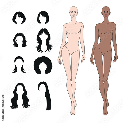 Mix and match colored fashion figurines female body with different hairs in vector.