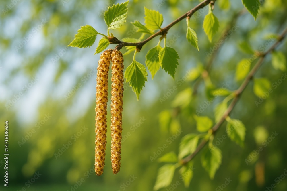 Obraz premium Spring birch blossom scene with fresh green leaves
