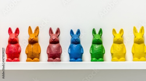A row of colorful rabbits are lined up on a shelf. The rabbits are of different colors, including red, yellow, green, and blue. Concept of playfulness and creativity