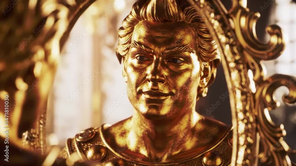 A captivating golden statue stands in a beautifully adorned hall, showcasing intricate details and an impressive reflection. A captivating golden statue stands in a beautifully adorned hall, showcasing intricate details and an impressive reflection.