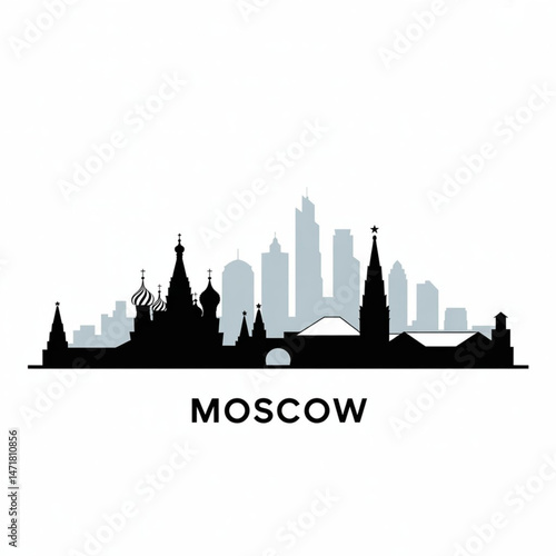 Moscow Skyline Vector Illustration – Minimalist Silhouette of Russia’s Capital Featuring Historic Architecture and Urban Landmarks