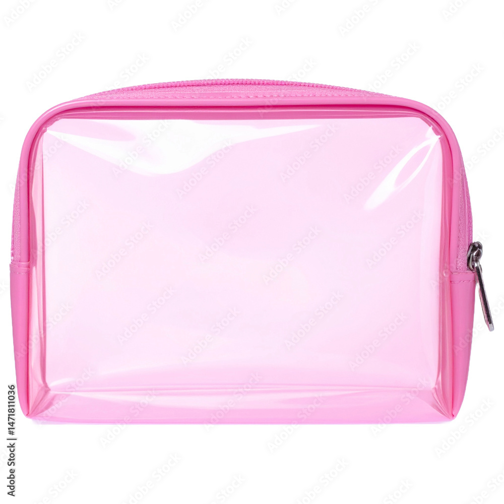 © prodesignassets - Pink clear plastic zippered pouch suitable for cosmetics, toiletries, or travel essentials storage. Versatile and stylish organizational accessory option.