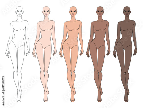 Colored skin tones fashion croquis figurines walking with bald woman in vector.