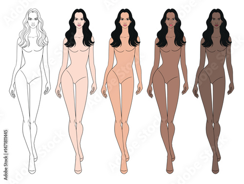 Fashion colored skin tone figure walking with curly long hair woman in vector.