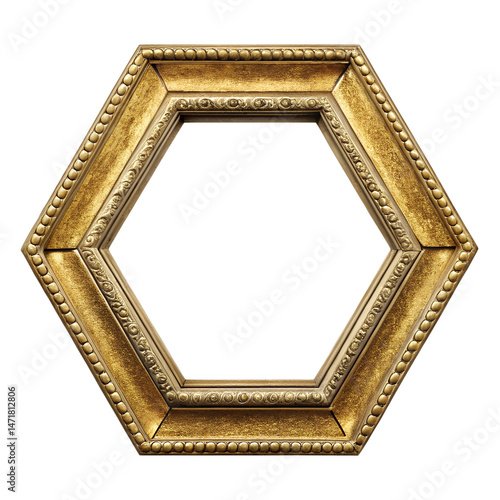 Hexagonal Golden Frame: An ornate, golden hexagonal frame, exuding timeless elegance and crafted with intricate detail, is ready to showcase treasured memories or artwork. 
