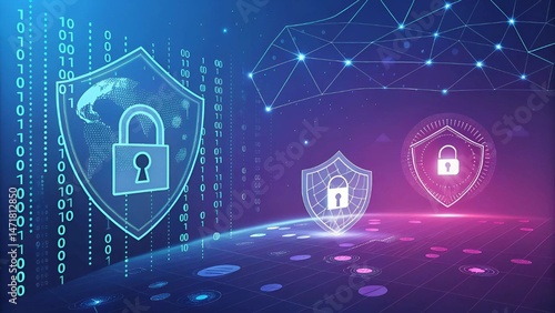 A digital shield featuring a cybersecurity locks, symbolizing security and protection.	