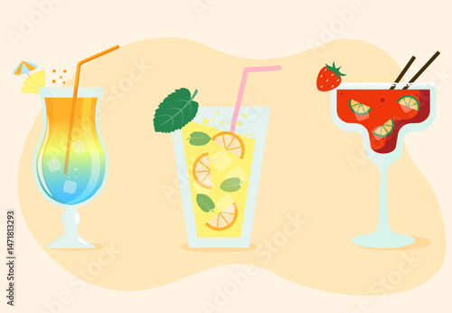Summer cocktail drinks. vector flat illustration.