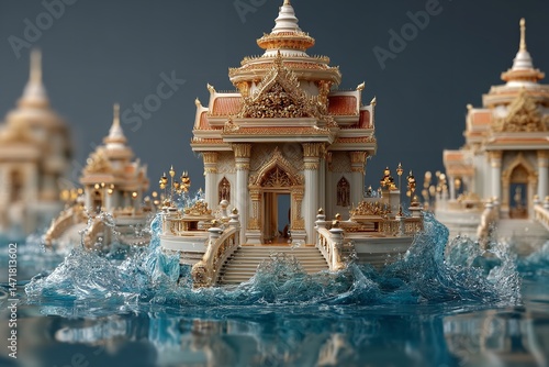 Thai structures and a blue water splash are included in this 3D Songkran festival backdrop in Thailand. Generative Ai