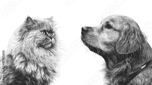 Wallpaper Mural Detailed pencil sketch of a cat and dog facing each other. Torontodigital.ca
