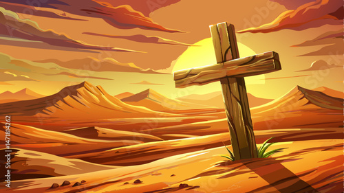 Weathered wooden cross rests in desert sand, bathed in warm sunset light. Very beautiful