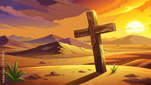 Weathered wooden cross rests in desert sand, bathed in warm sunset light. Very beautiful