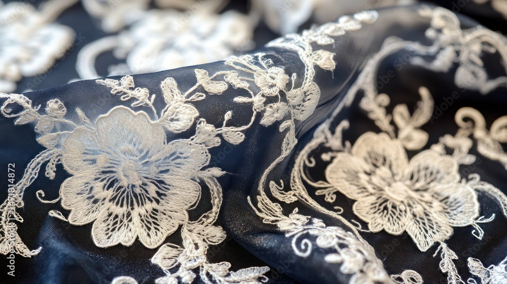 Fototapeta premium Delicate embroidered fabric with floral designs