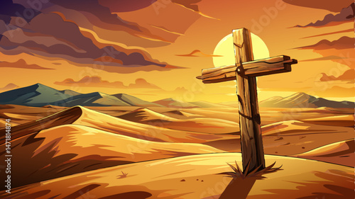 Weathered wooden cross rests in desert sand, bathed in warm sunset light. Very beautiful