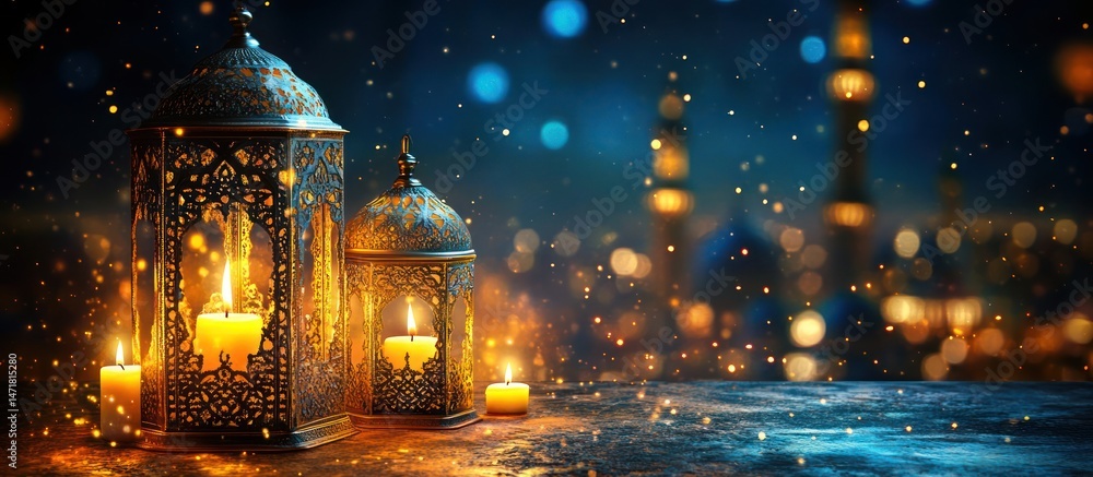Obraz premium Lantern and Candle Light City Background