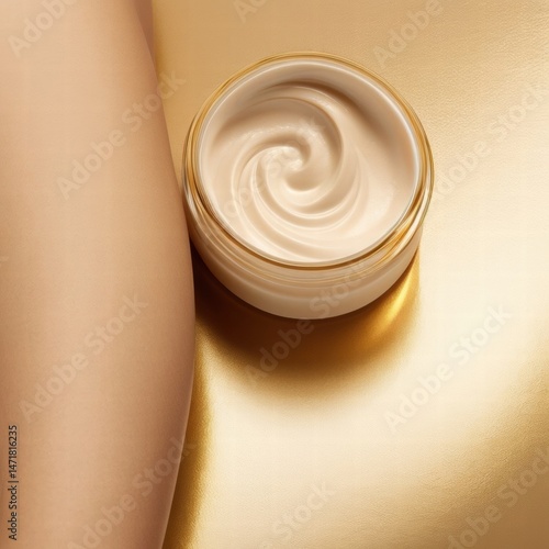 Open jar of beige luxury cream with swirl texture placed on a shiny golden surface next to a smooth skin tone element