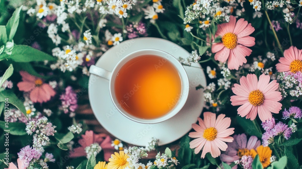 Aromatic tea surrounded by vibrant flowers Aromatic tea surrounded by vibrant flowers